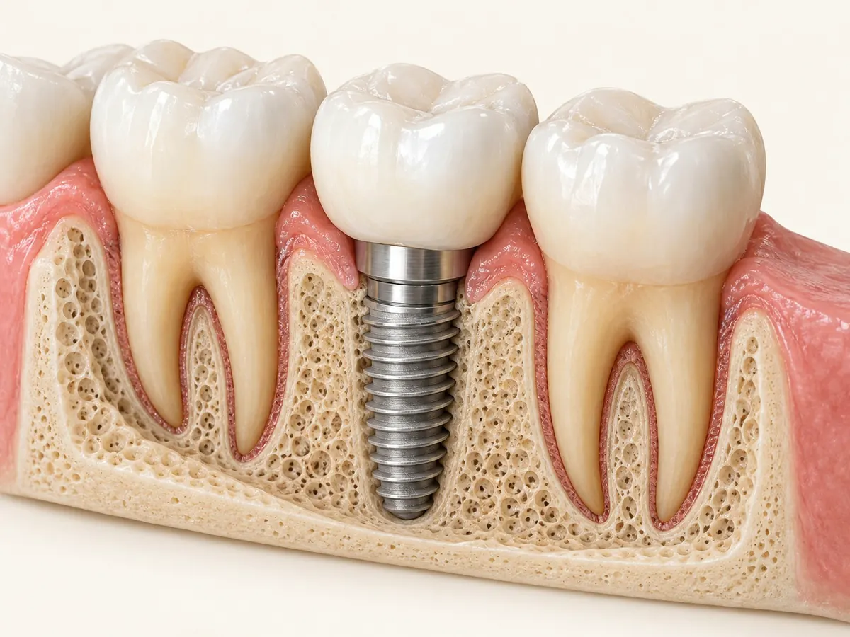 歯ぐきと骨の断面に、インプラントと人工の歯、となりの自然の歯が並んだ図